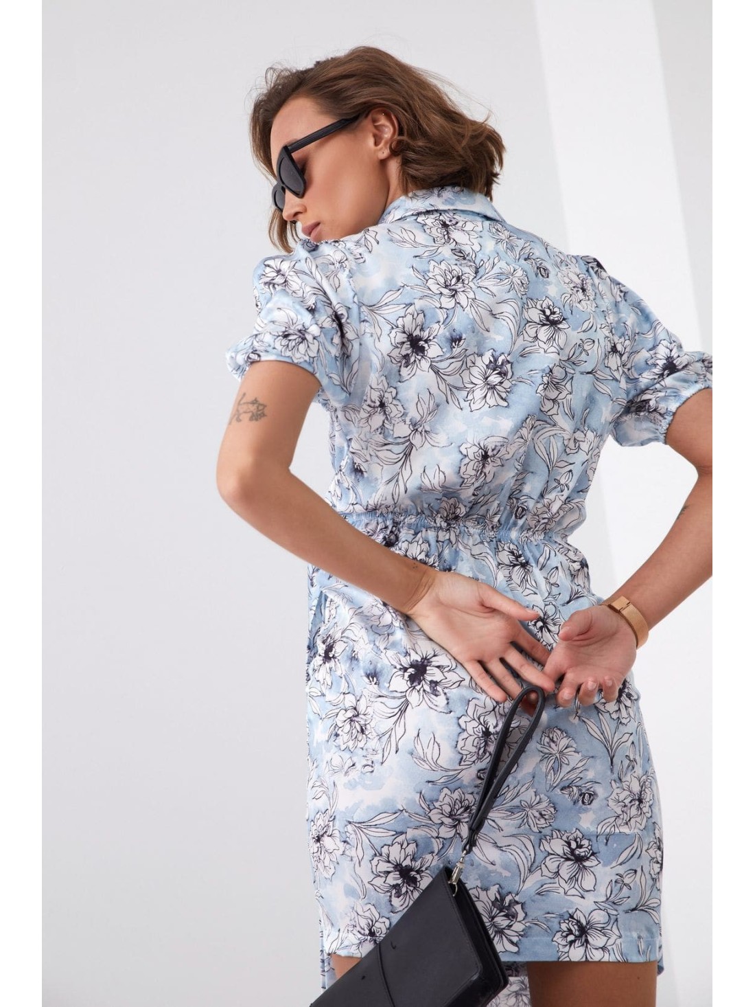 Floral print wrap dress with a collar, blue FG638 - Online store - Boutique